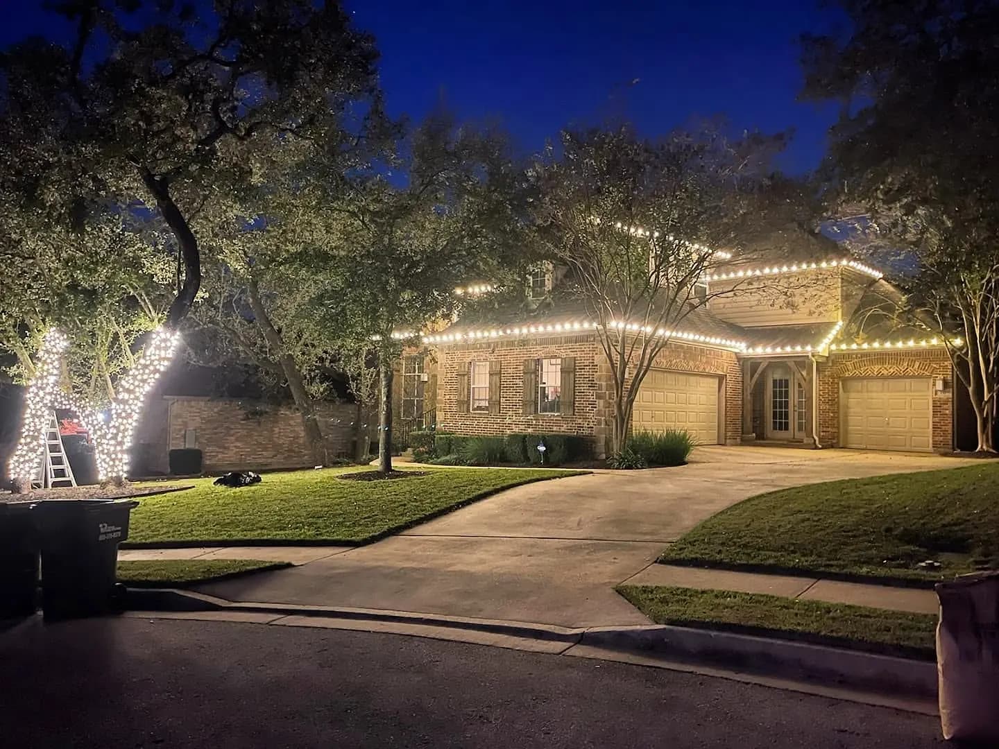 Ranch home with warm white roofline lights and a wrapped live oak in the front yard