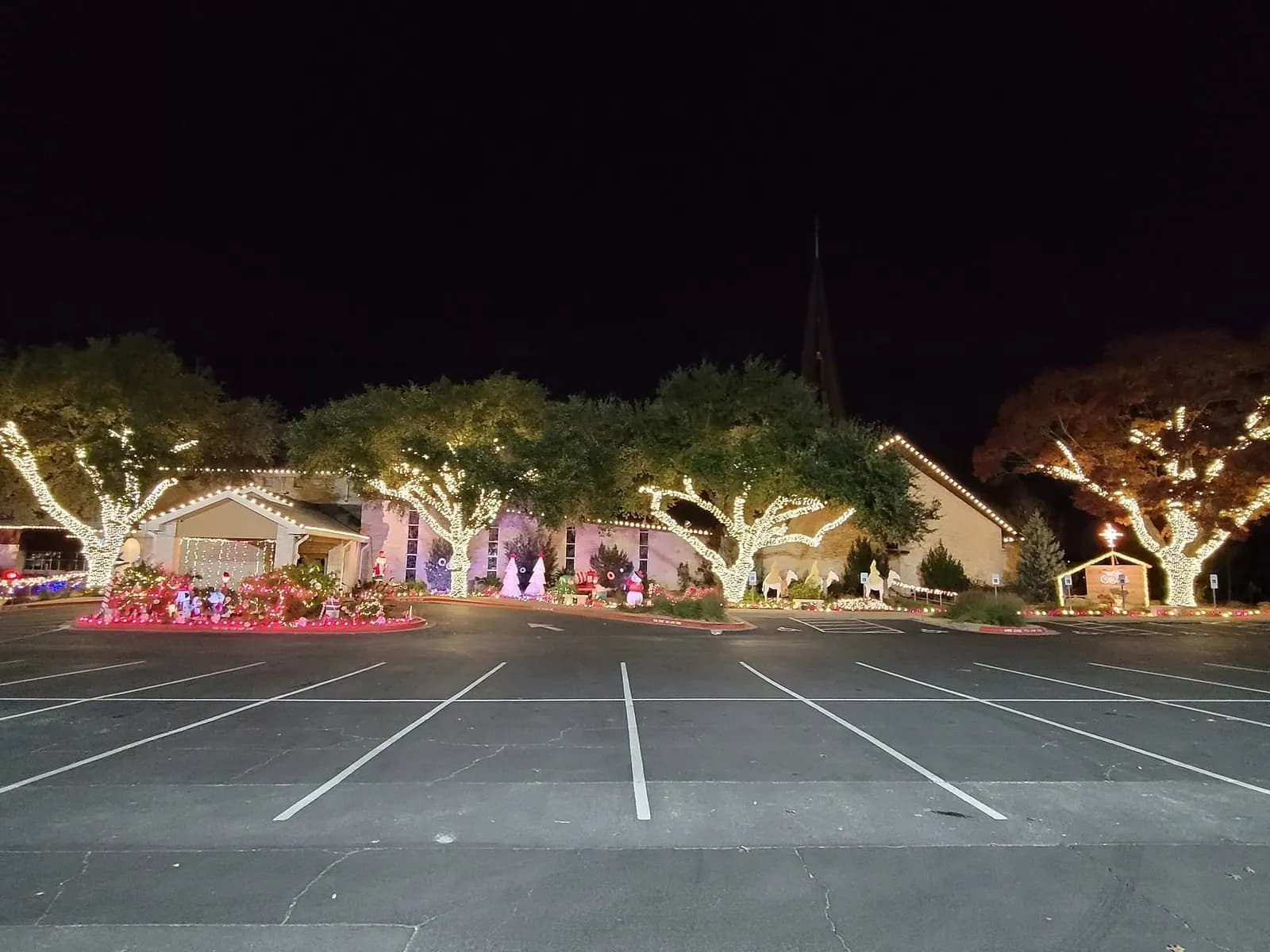 Shopping center at night with wrapped trees and lit storefronts